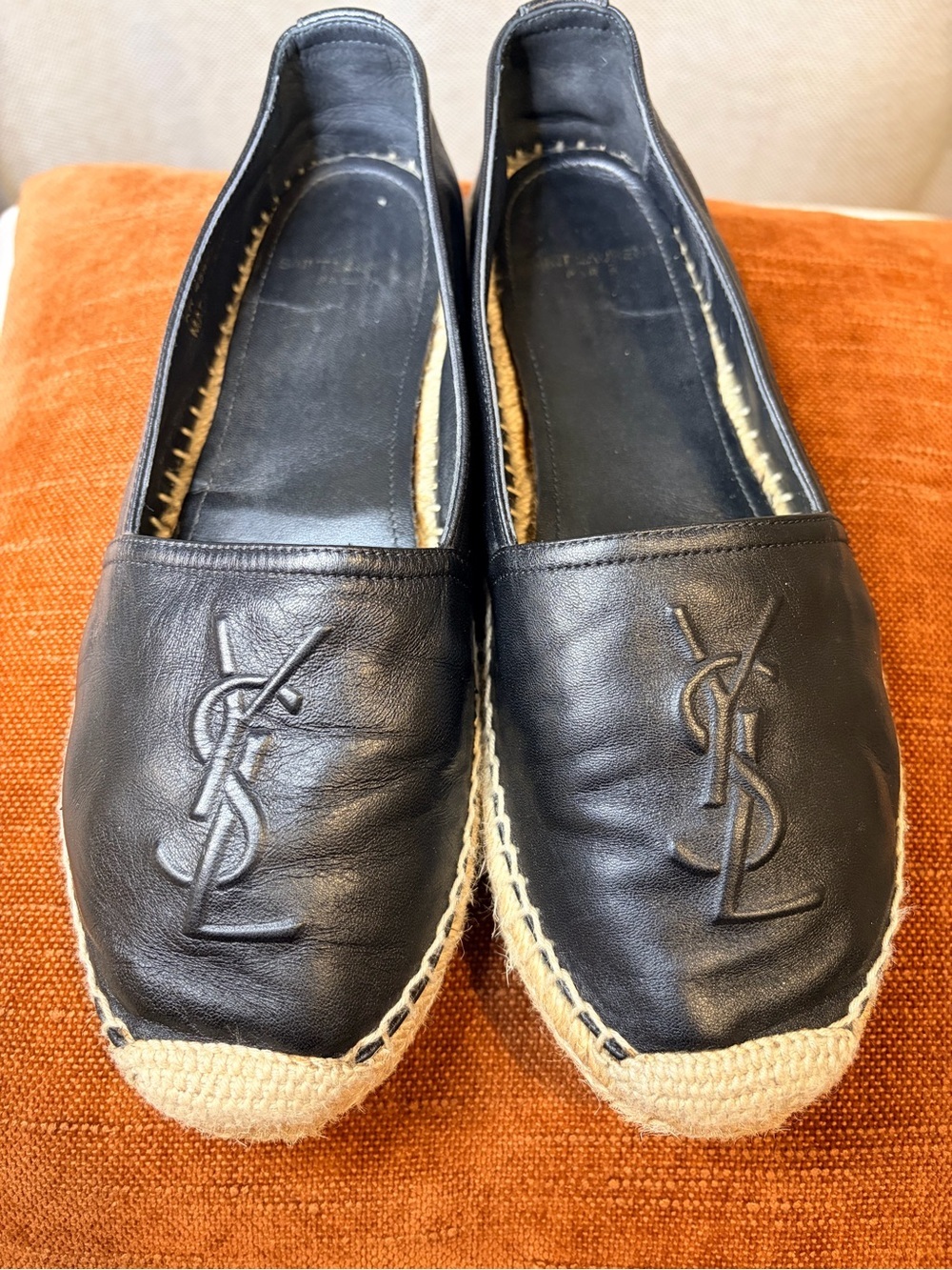 Saint Laurent Black Leather Espadrille Slip-On Loafers